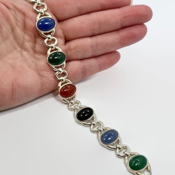 Jewelry - Stone Bracelet, Onyx, Calcedony, Green, Black, Sterling Bracelet, Vintage,Mixed